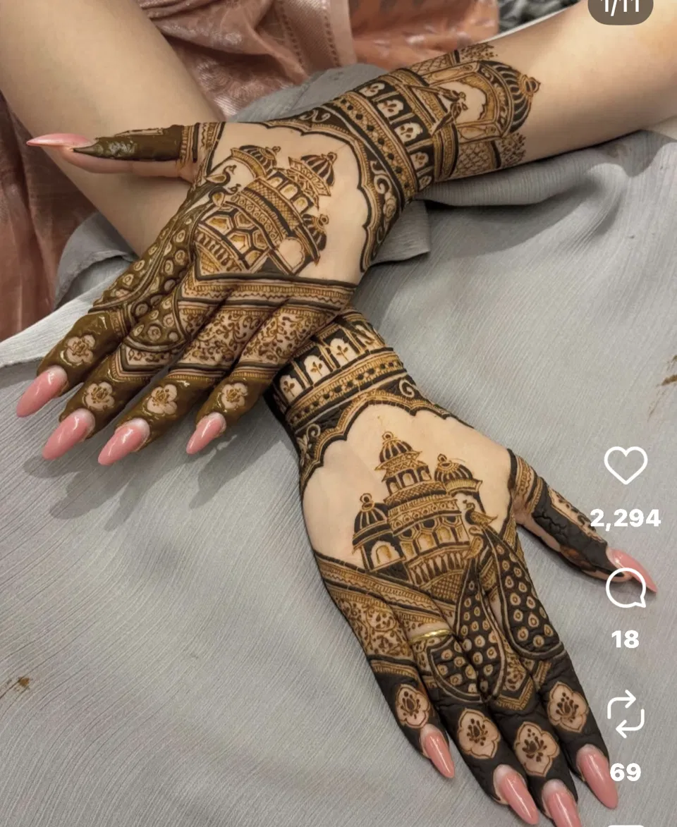 Aesthetic Bridal Back Hand Mehndi Design with Gol Tikki and Hearts for Engagement
