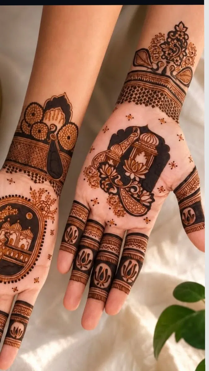 Aesthetic Bridal Front Hand Mehndi Design with Deity, Figures and Lotus