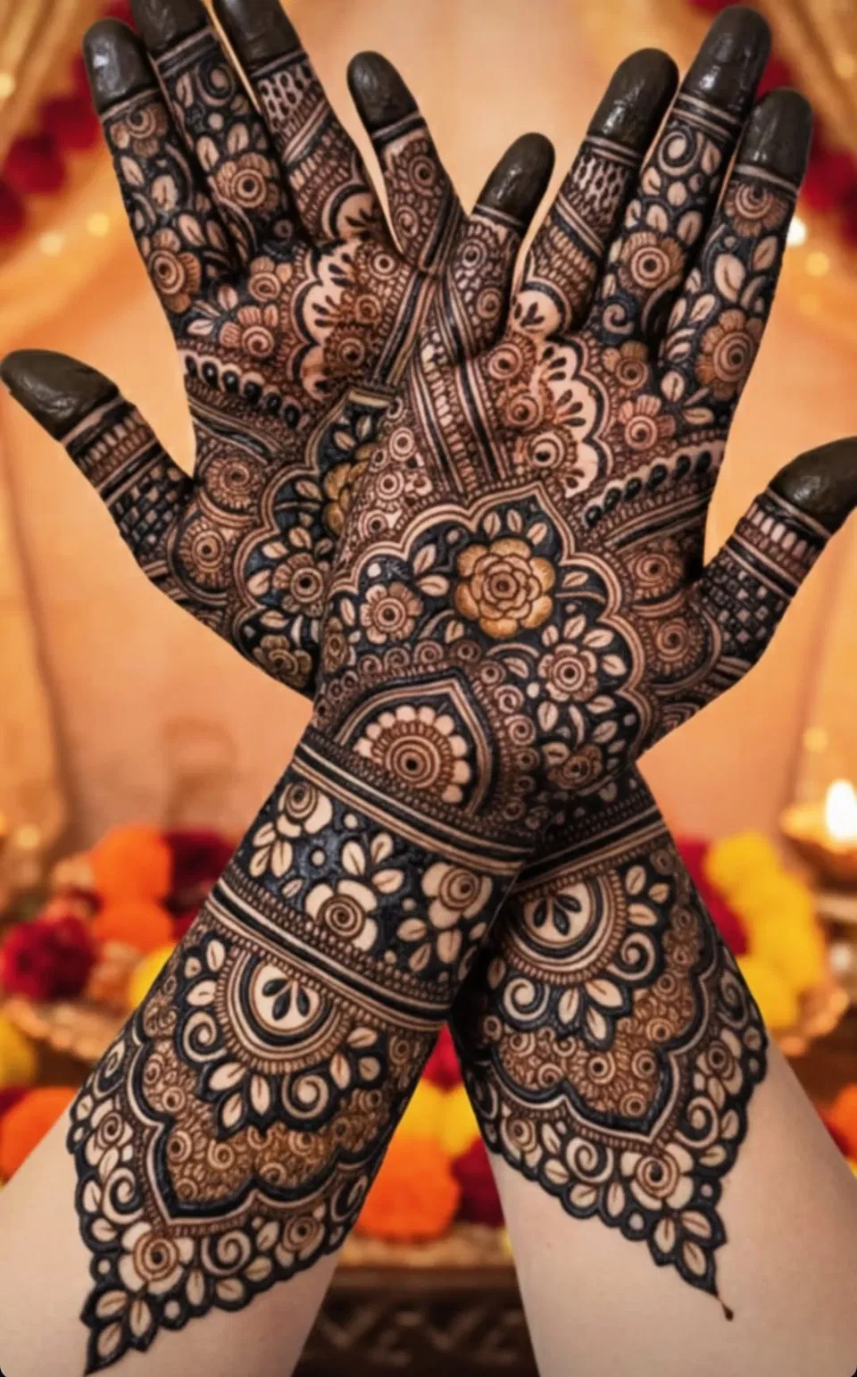 Arabic Bridal Front Hand Mehndi Design with Gol Tikki, Figures and Flowers for Teej (7)