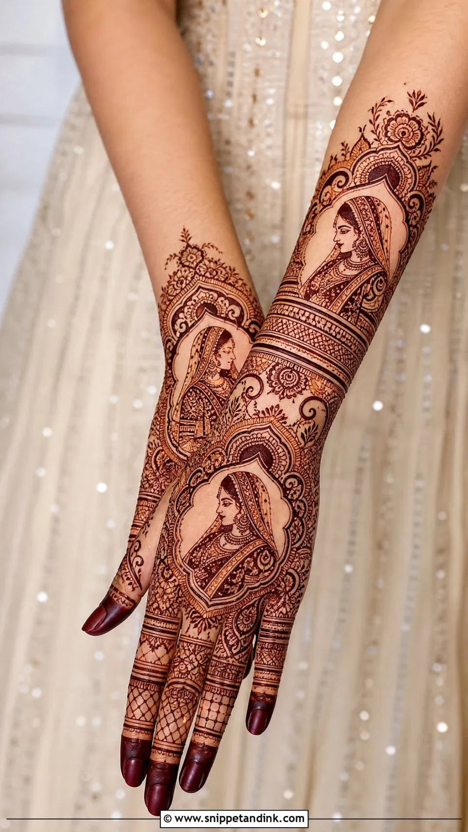 Bridal Back Hand Mehndi Design with Figures, Flowers and Hearts