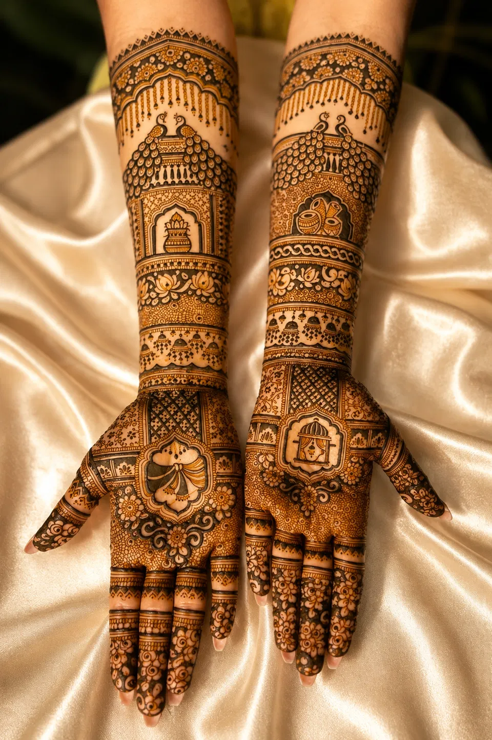 Bridal Royal Back Hand Mehndi Design with Figures and Peacock (5)