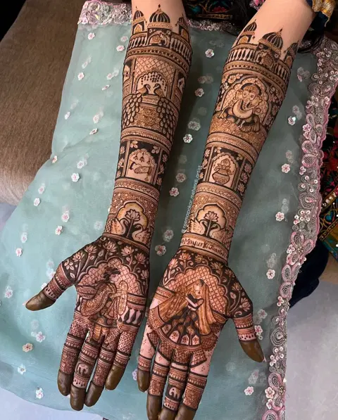aesthetic bridal figure full hand mehndi design