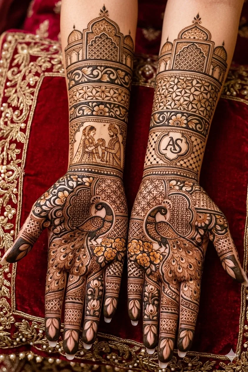 Bridal Indian Full Hand Mehndi Design with Figures and Peacock (9)