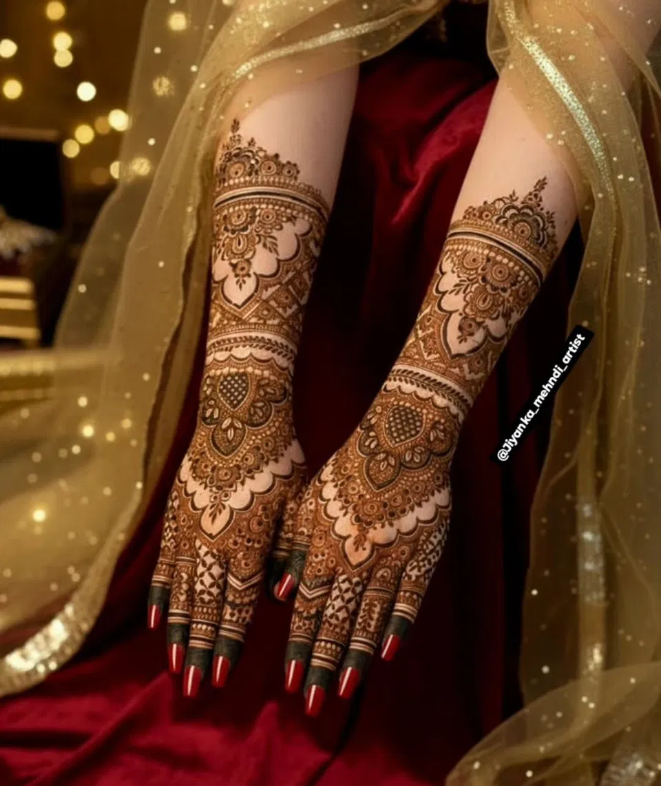 Bridal Stylish Arm Mehndi Design with Figures and Hearts for Engagement (2)
