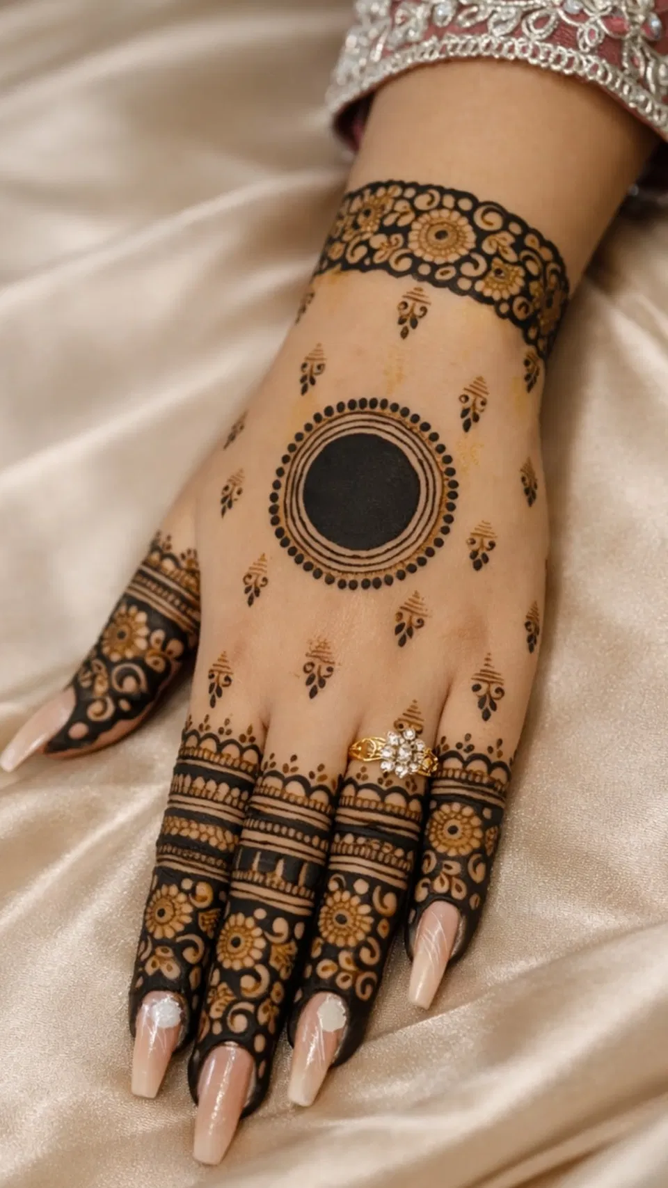 Pakistani Simple Back Hand Mehndi Design with Gol Tikki and Moon for Engagement (2)