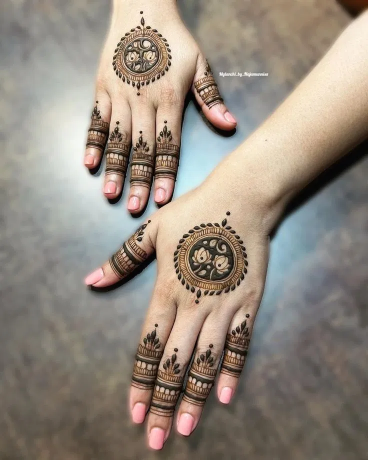 Minimal Simple Back Hand Mehndi Design with Gol Tikki, Flowers and Moon for Engagement (4)