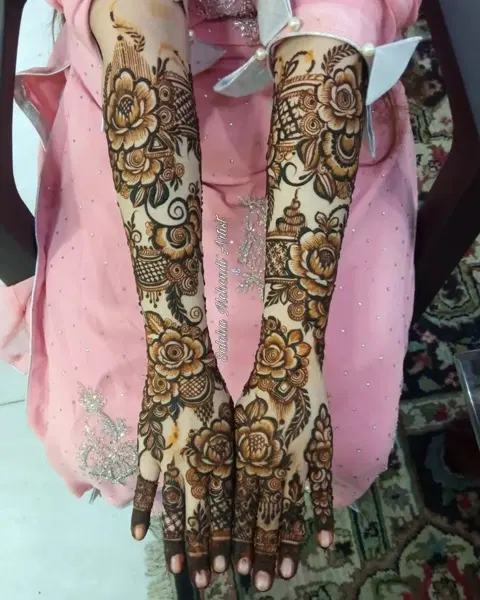 aesthetic bridal flower full hand mehndi design