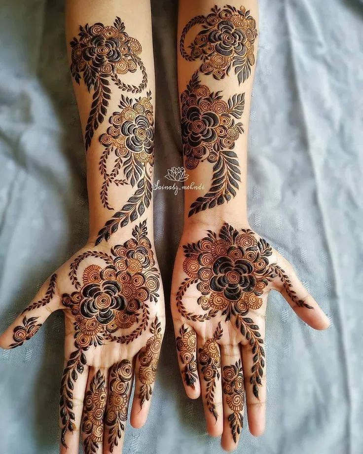 Aesthetic Arabic Back Hand Mehndi Design with Flowers (62)