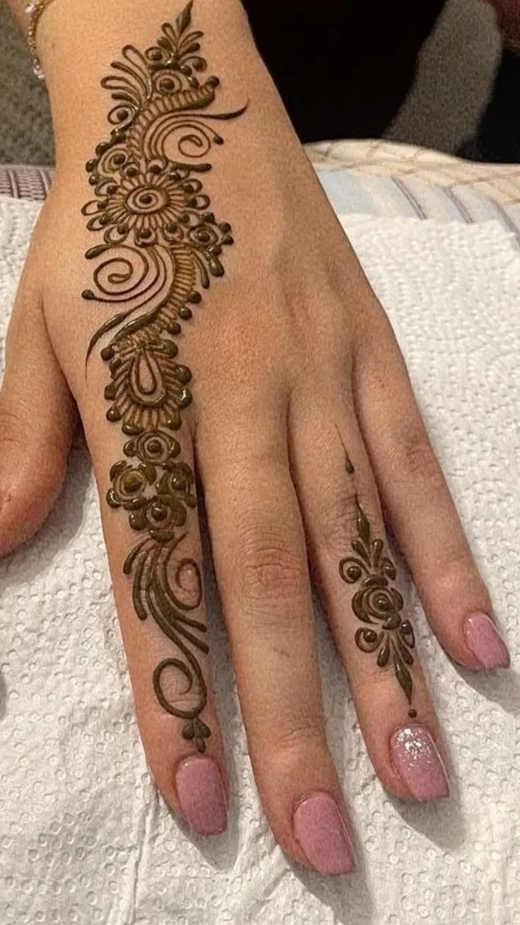 Arabic Minimal Back Hand Mehndi Design with Bel, Gol Tikki and Jaal