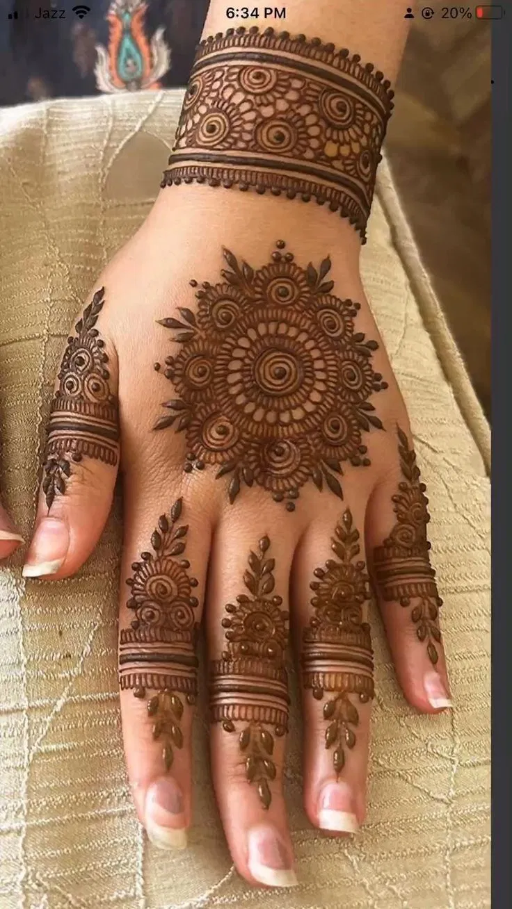 Aesthetic Arabic Back Hand Mehndi Design with Gol Tikki and Flowers for Eid (21)