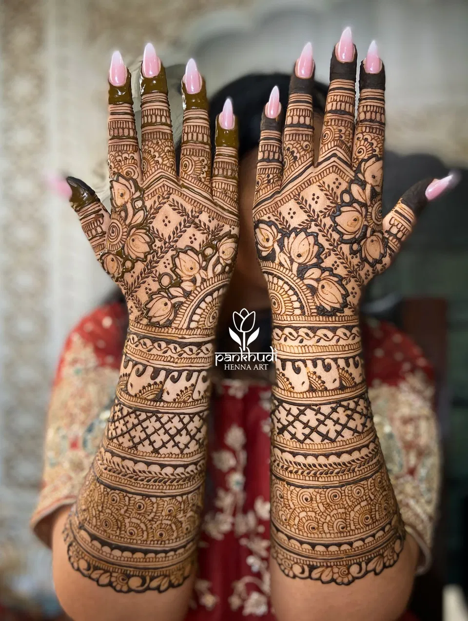 Bridal Indian Back Hand Mehndi Design with Figures and Lotus (3)