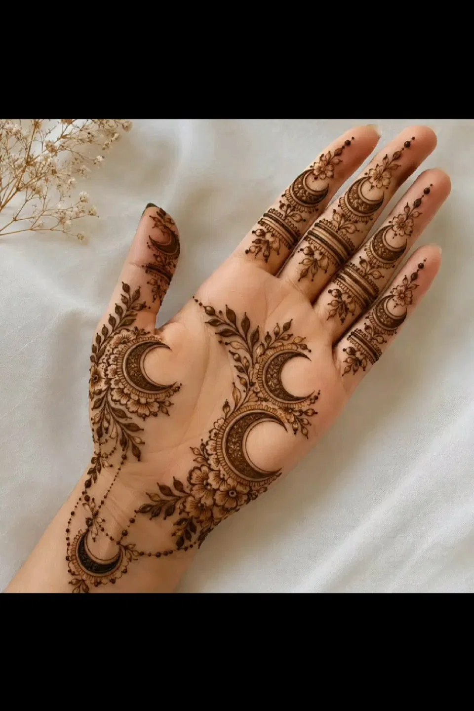 Arabic Bridal Half Hand Mehndi Design with Flowers and Moon