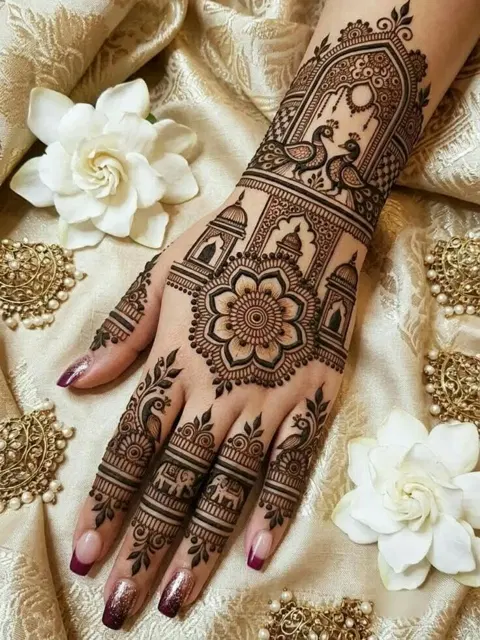bridal indian circle back hand mehndi design