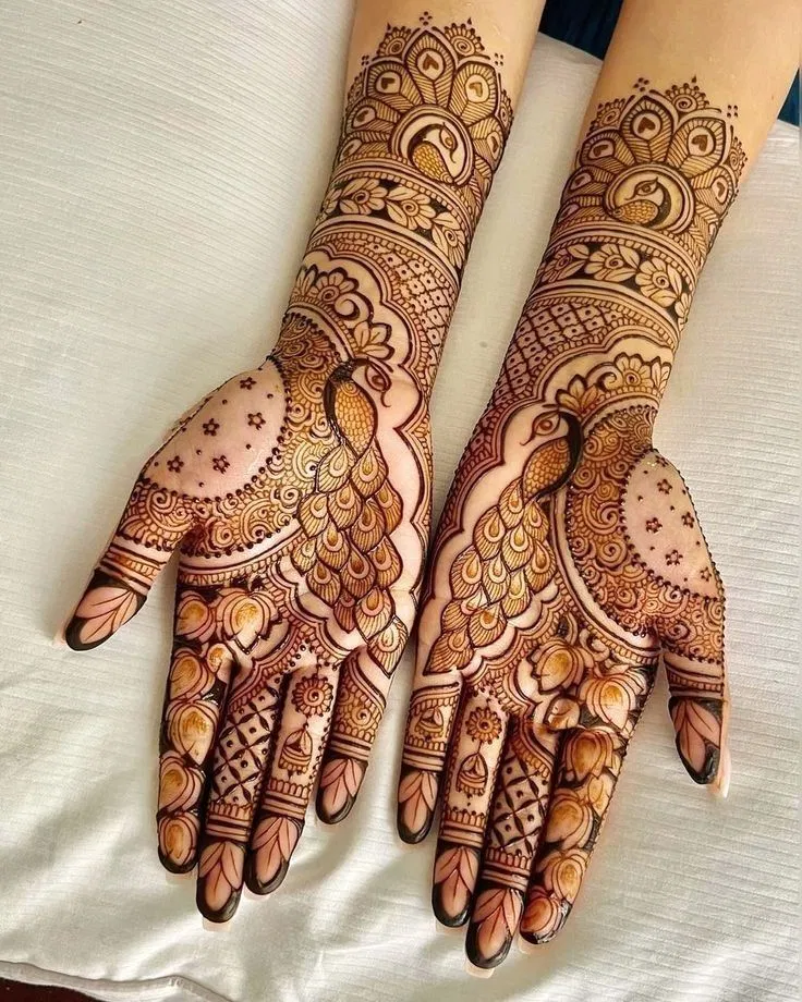 Bridal Indian Back Hand Mehndi Design with Deity and Peacock (2)