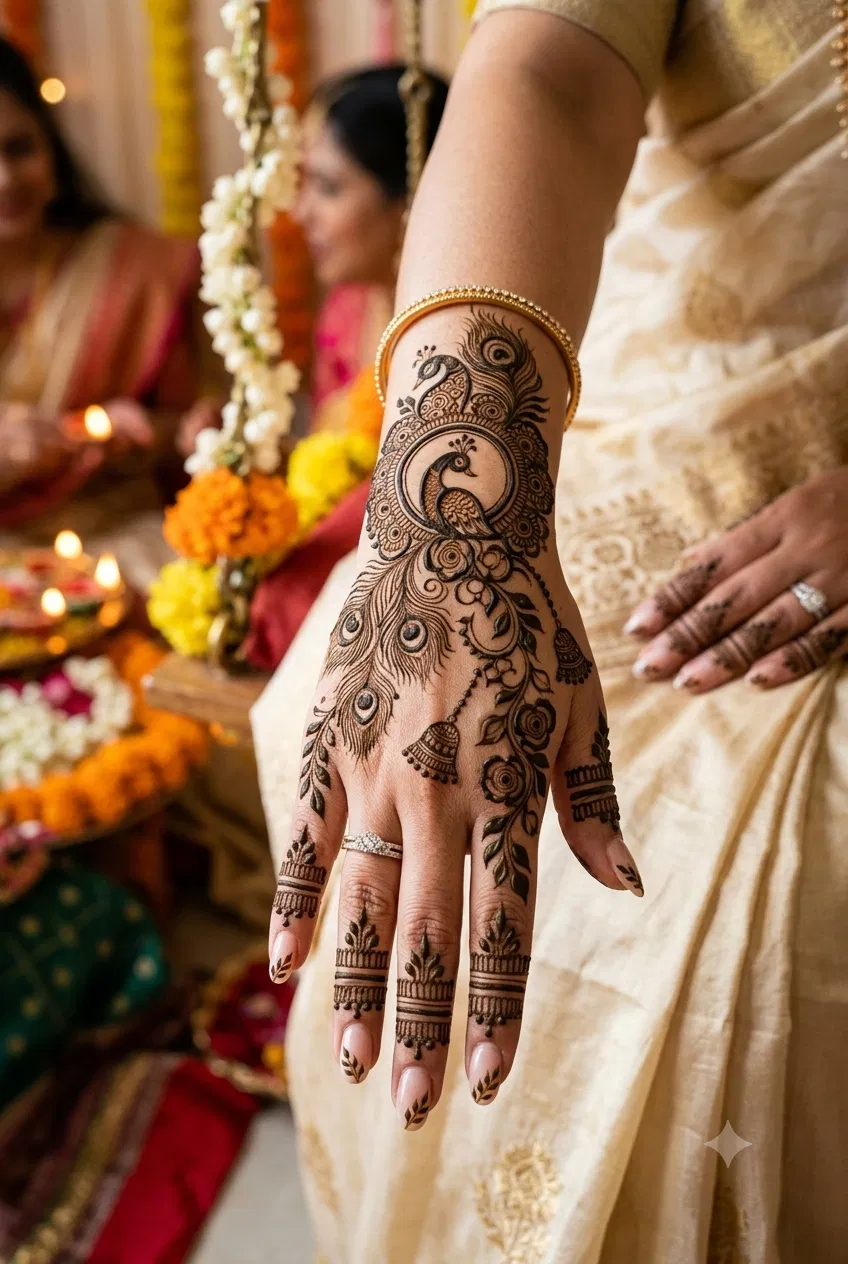 Bridal Royal Back Hand Mehndi Design with Gol Tikki, Flowers and Peacock for Teej (3)