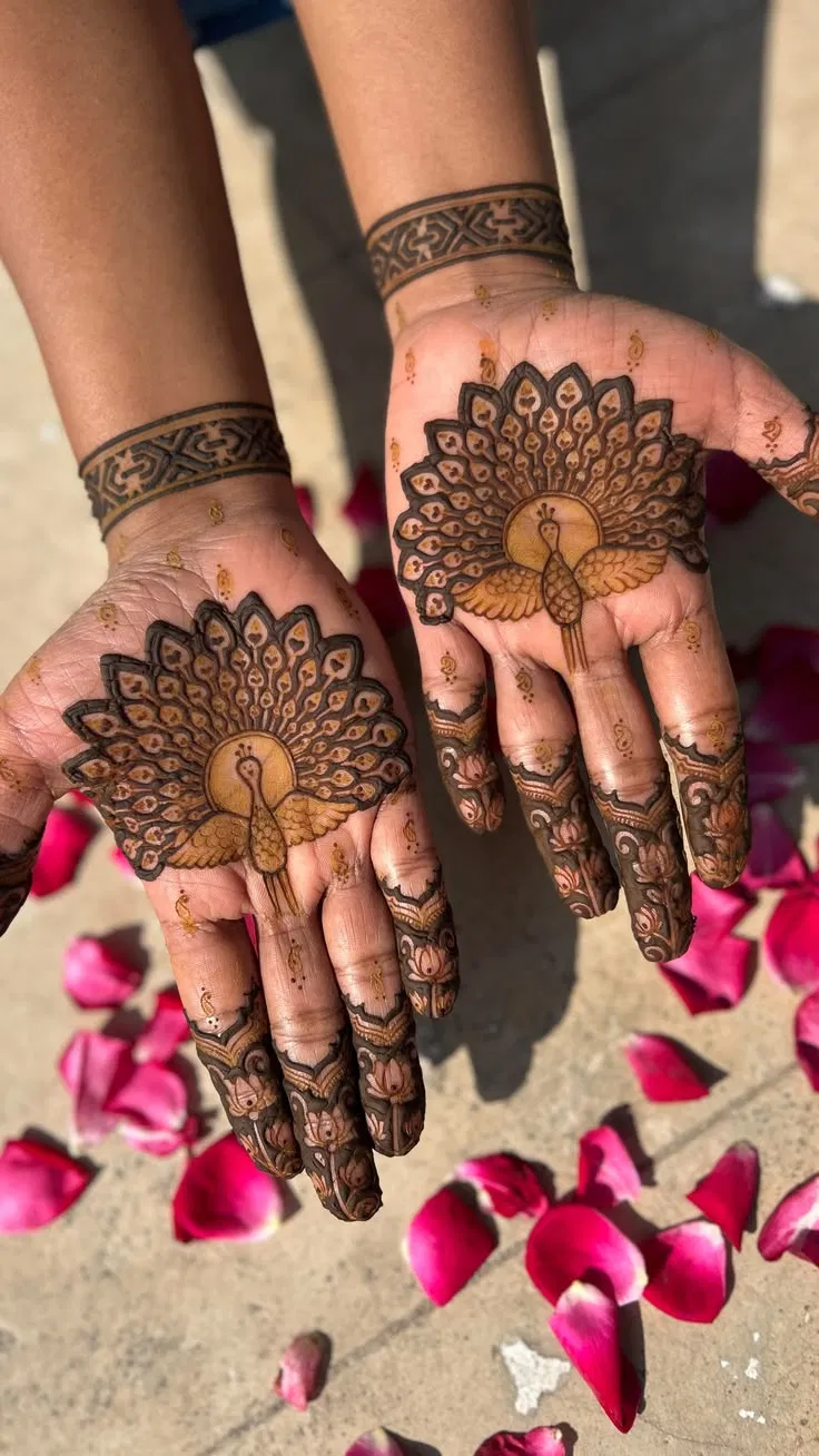 Royal Front Hand Mehndi Design with Gol Tikki and Peacock