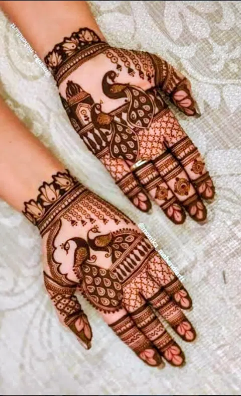 bridal royal peacock back hand mehndi design