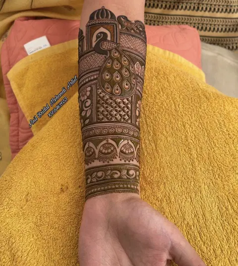 bridal indian peacock arm mehndi design