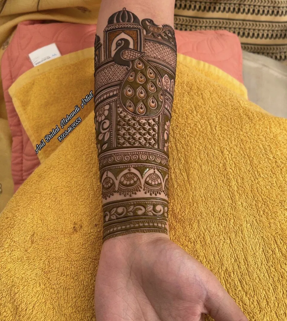 Bridal Indian Arm Mehndi Design with Peacock for Teej