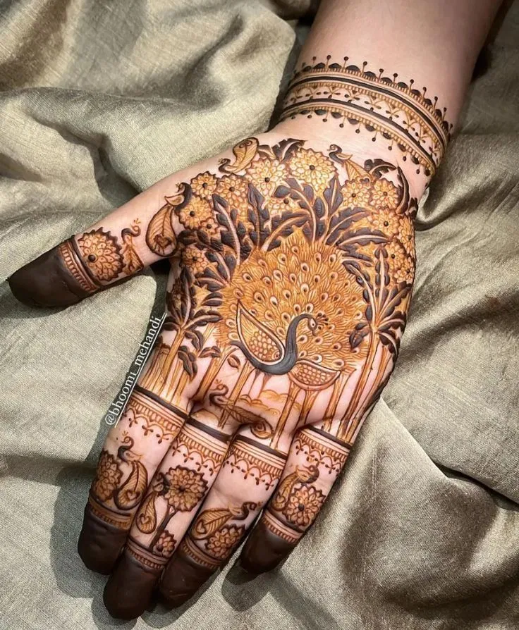 Bridal Indian Front Hand Mehndi Design with Gol Tikki, Figures and Moon (6)