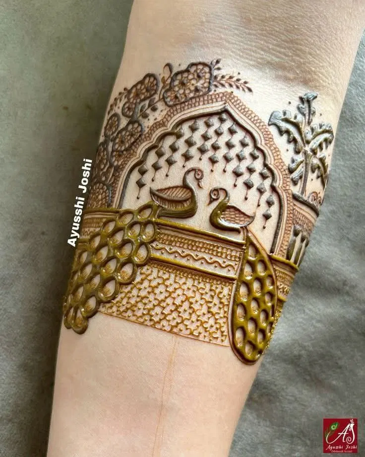 Bridal Royal Arm Mehndi Design with Bel and Flowers