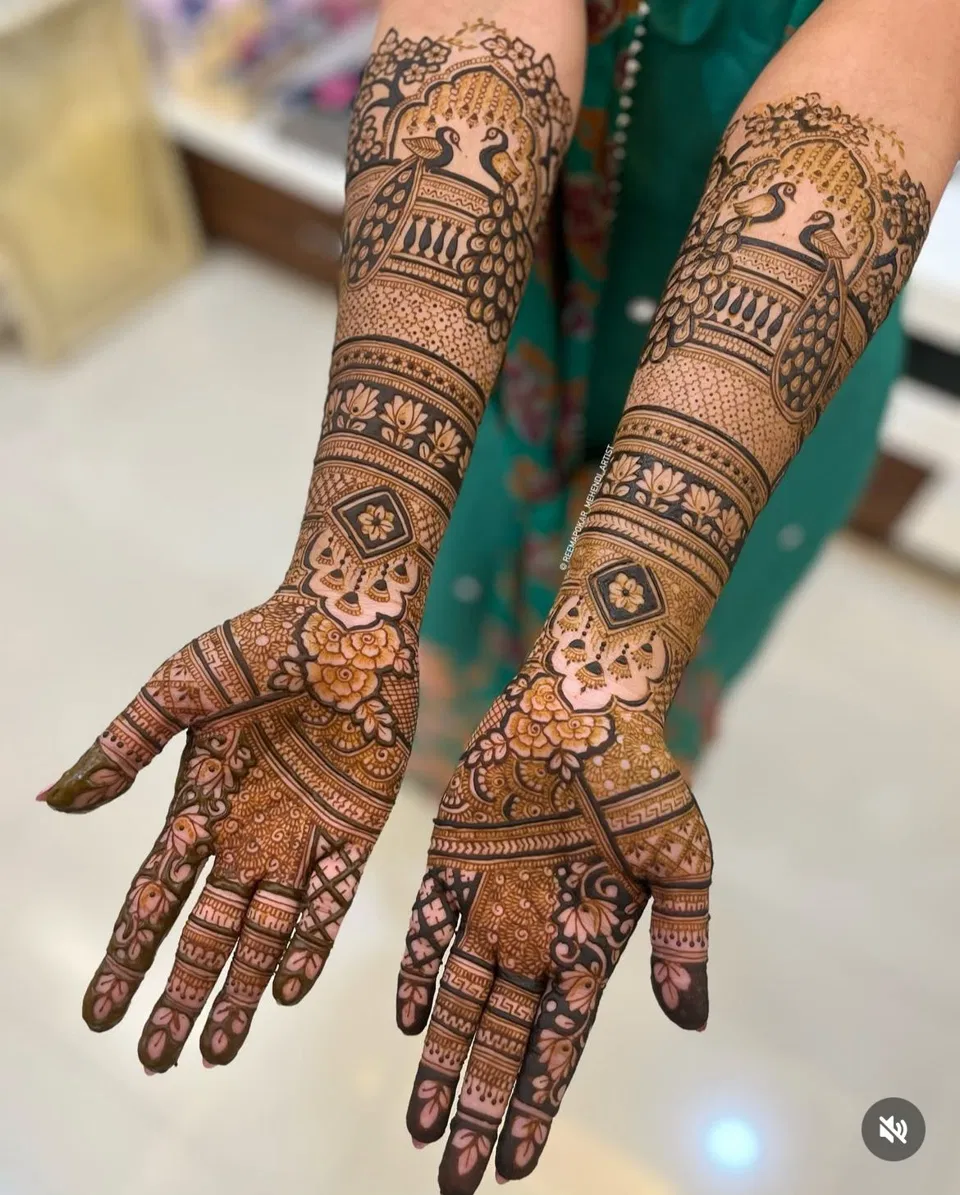 Bridal Indian Back Hand Mehndi Design with Figures and Peacock for Engagement (18)