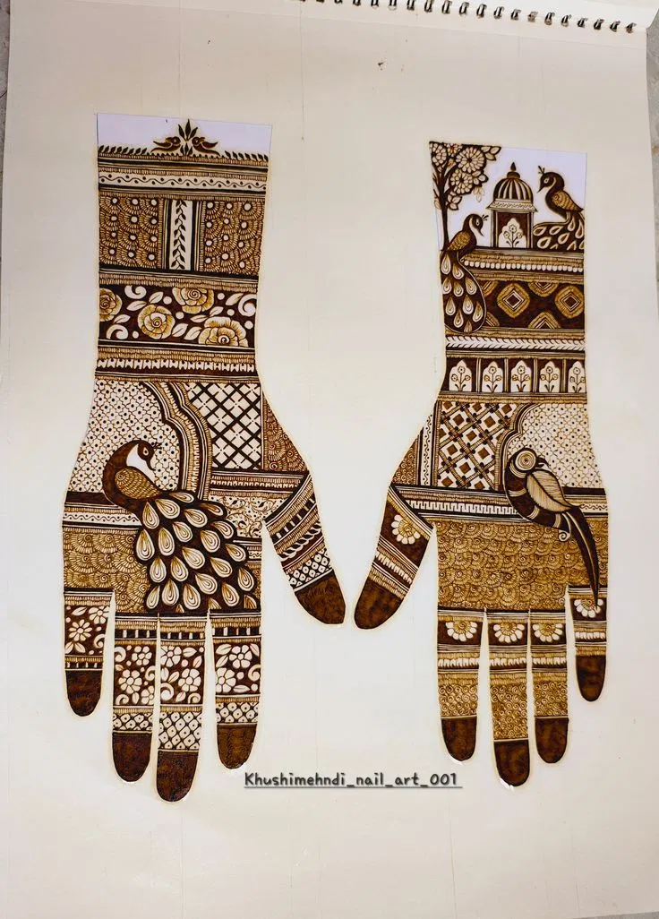 Bridal Indian Back Hand Mehndi Design with Figures, Flowers and Peacock