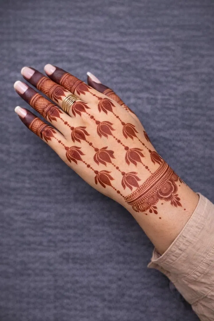 Simple Stylish Back Hand Mehndi Design with Lotus for Engagement