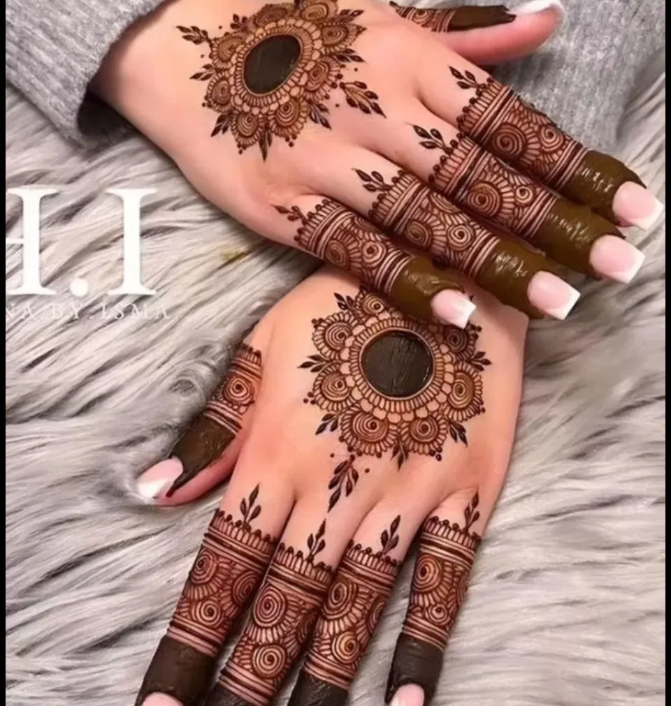 Indian Simple Back Hand Mehndi Design with Gol Tikki and Lotus for Teej (2)