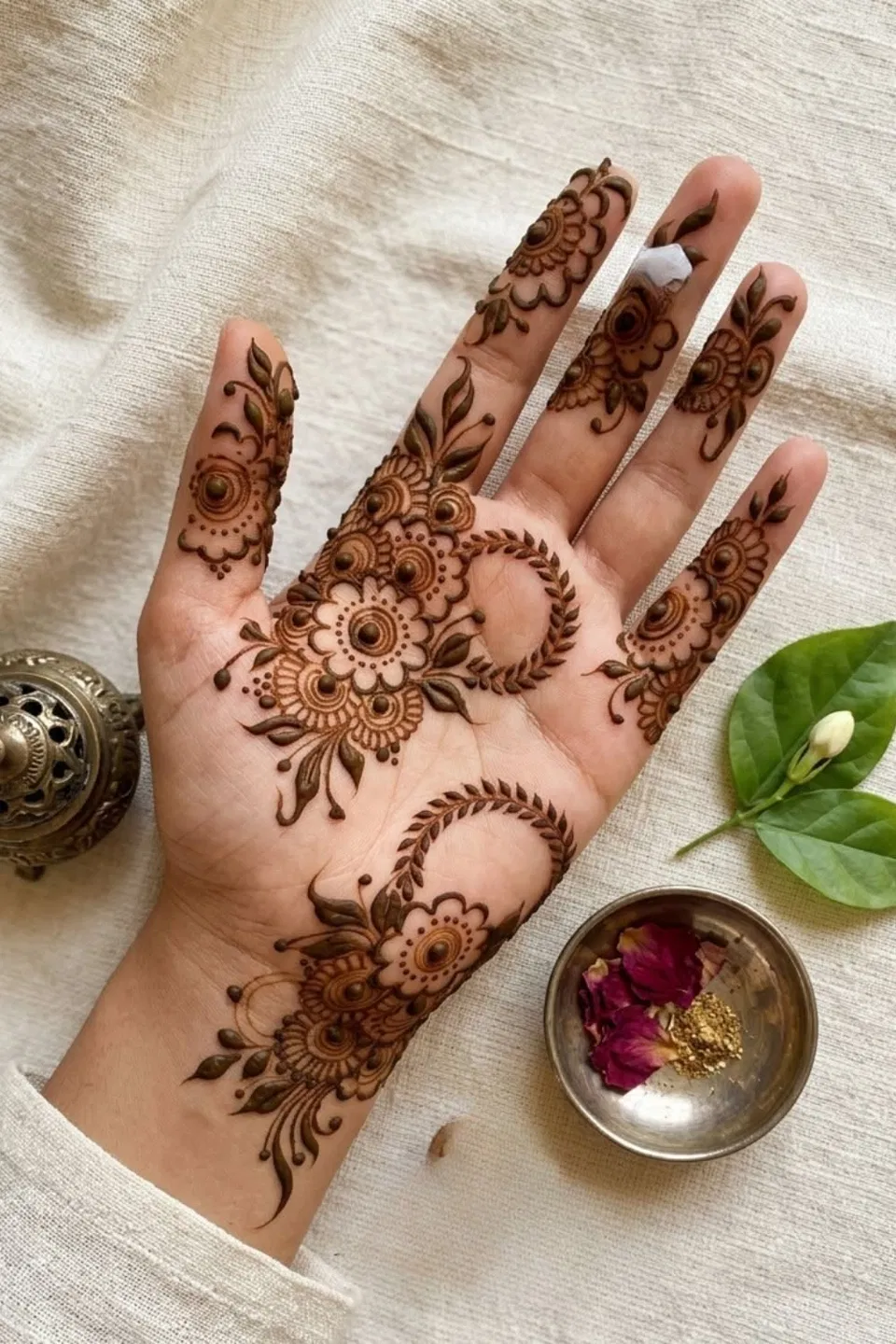 Aesthetic Arabic Finger Mehndi Design with Bel and Flowers for Eid (2)