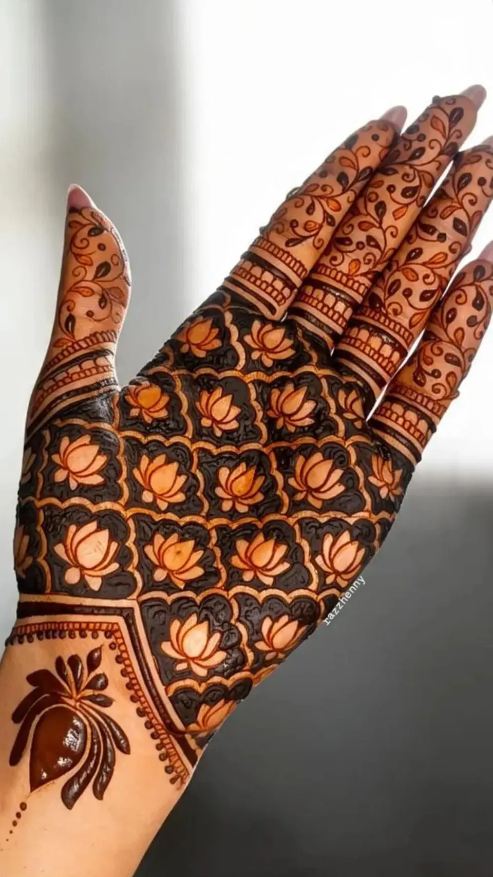 Bridal Indian Front Hand Mehndi Design with Flowers and Lotus
