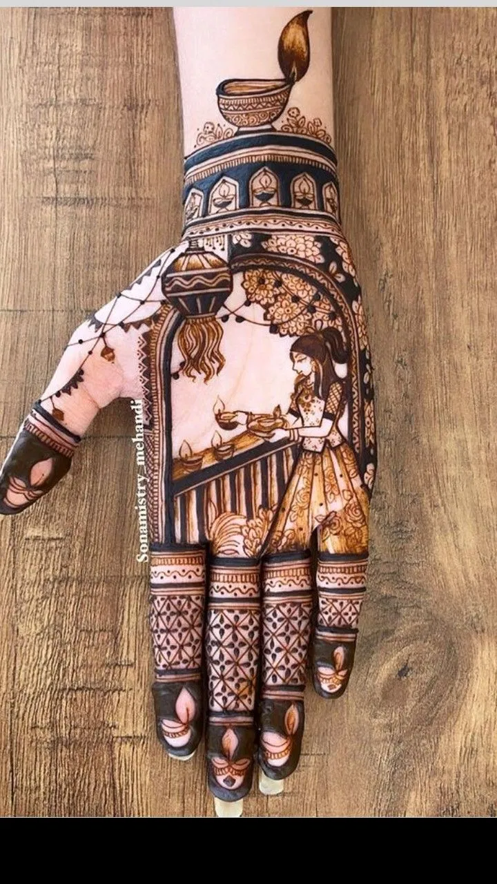 Stylish Front Hand Mehndi Design with Figures for Diwali (2)