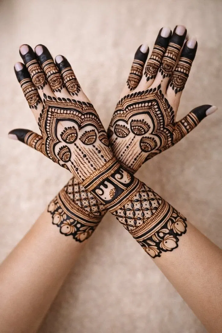 Bridal Back Hand Mehndi Design with Gol Tikki and Hearts