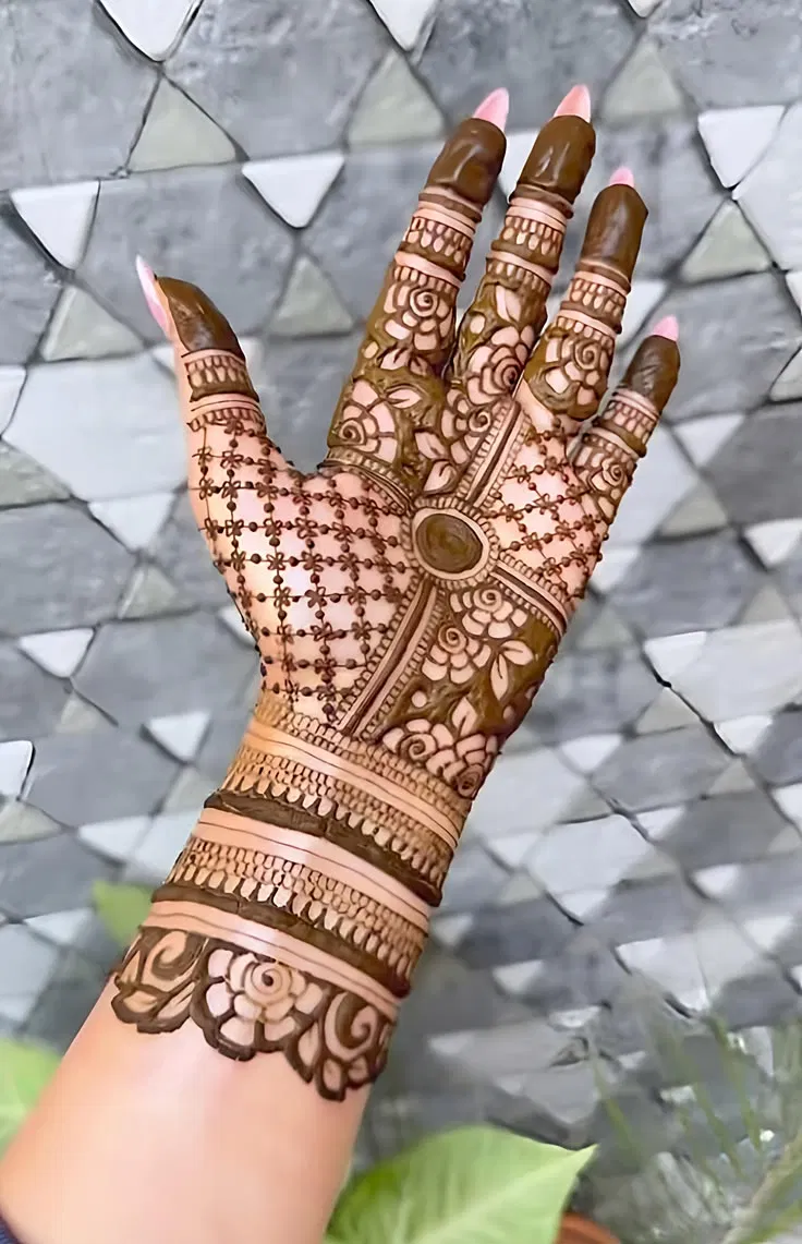 Simple Front Hand Mehndi Design with Gol Tikki and Lotus for Diwali