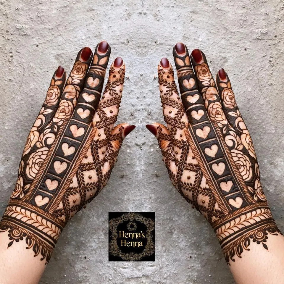 Bridal Indian Front Hand Mehndi Design with Hearts for Teej