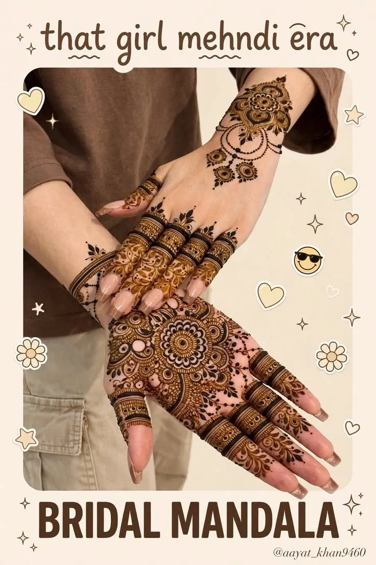 Aesthetic Bridal Front Hand Mehndi Design with Gol Tikki and Moon