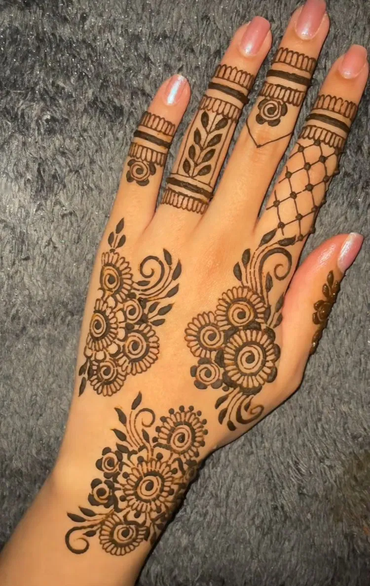 Aesthetic Arabic Back Hand Mehndi Design with Bel and Flowers (15)