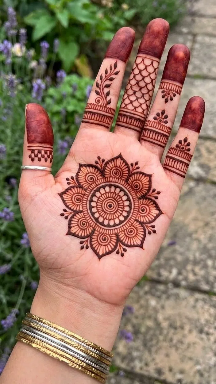 Aesthetic Arabic Front Hand Mehndi Design with Gol Tikki and Flowers for Diwali (6)