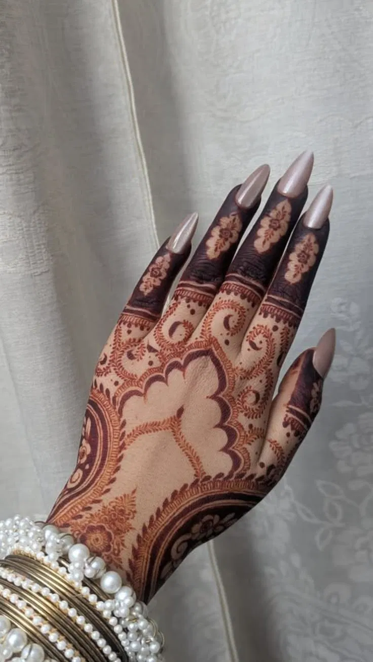 Bridal Royal Back Hand Mehndi Design with Figures for Engagement (3)