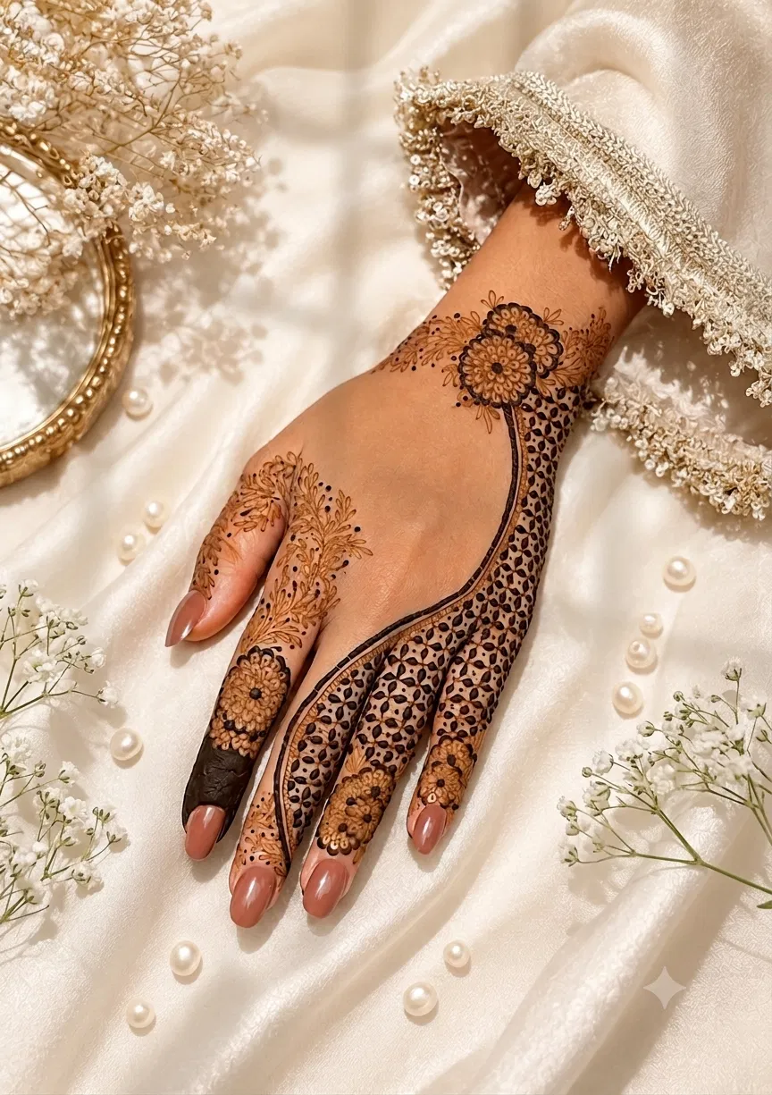 Bridal Indian Back Hand Mehndi Design with Gol Tikki and Flowers (8)