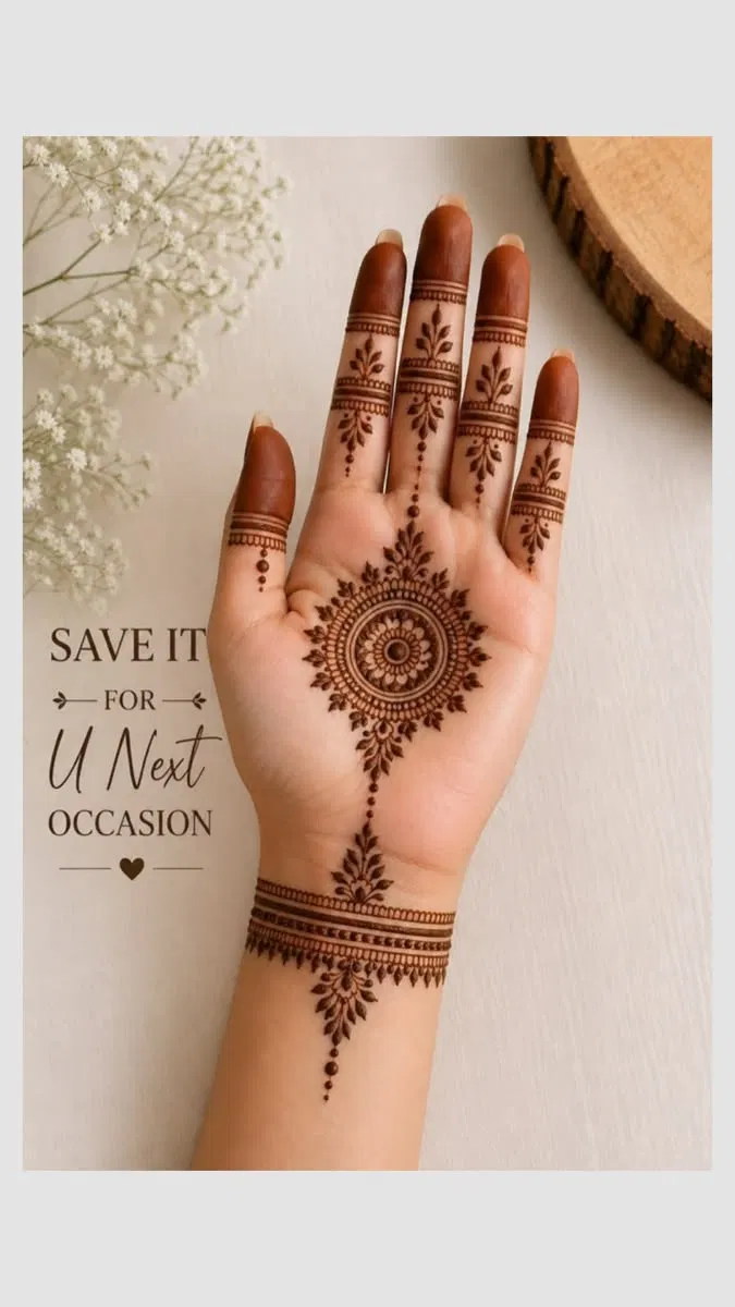 Arabic Minimal Finger Mehndi Design with Gol Tikki and Flowers for Engagement