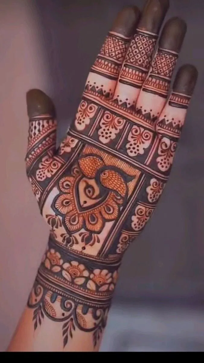 Bridal Stylish Full Hand Mehndi Design with Hearts and Peacock