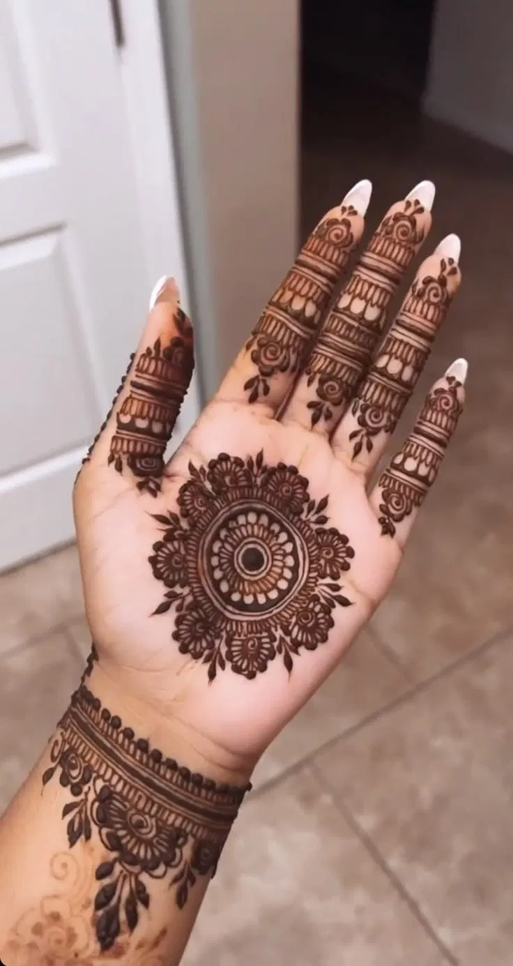 Aesthetic Arabic Finger Mehndi Design with Bel, Gol Tikki and Deity for Diwali