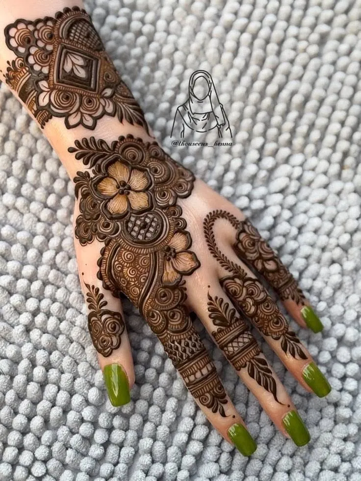 Dubai Stylish Back Hand Mehndi Design with Gol Tikki, Flowers and Jaal