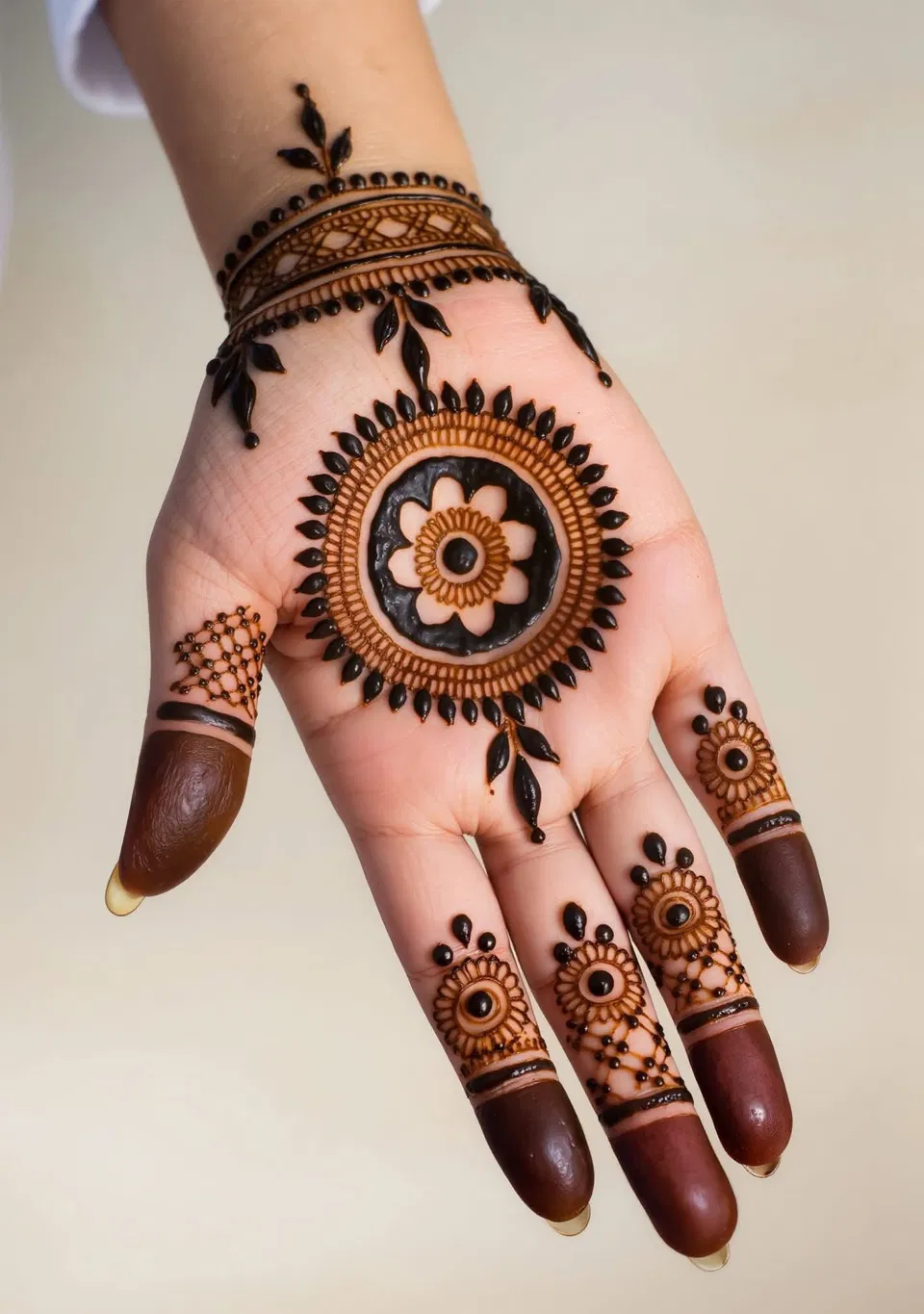 Arabic Pakistani Back Hand Mehndi Design with Gol Tikki and Flowers (3)