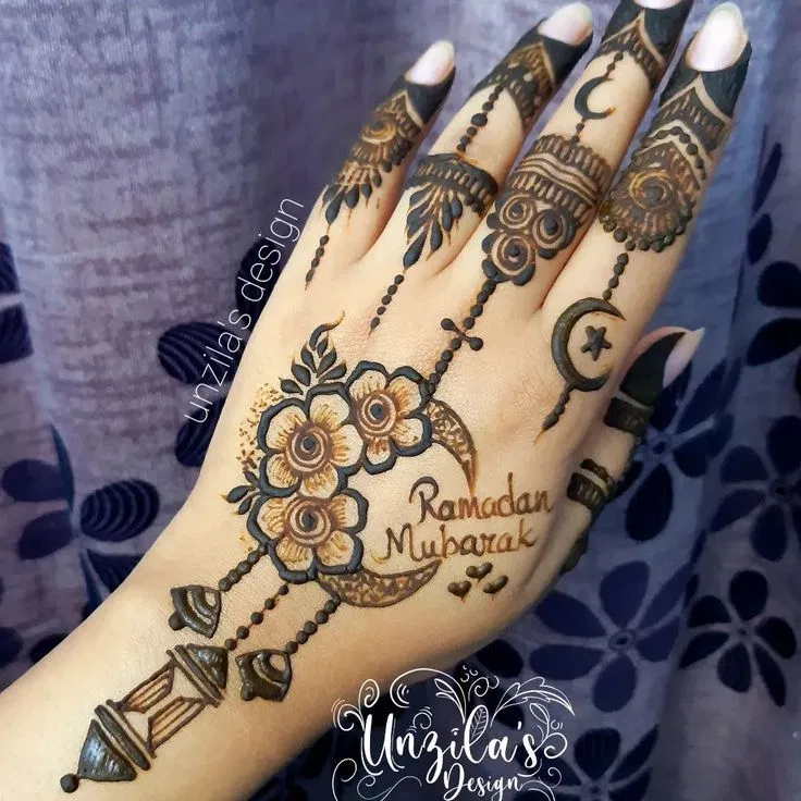 Arabic Stylish Back Hand Mehndi Design with Hearts and Moon