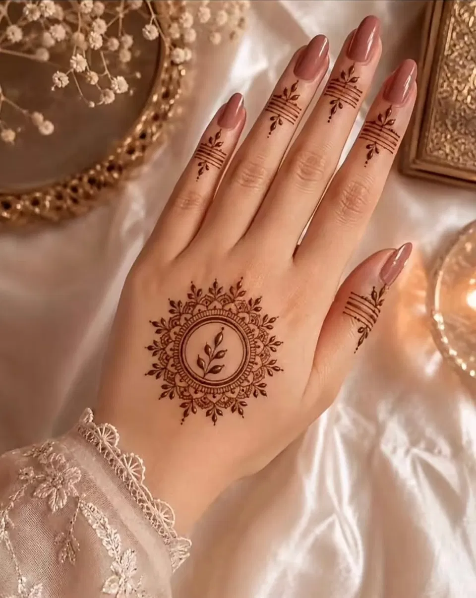 Minimal Simple Back Hand Mehndi Design with Gol Tikki, Flowers and Moon