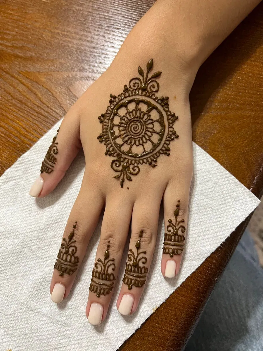 Indian Pakistani Back Hand Mehndi Design with Gol Tikki