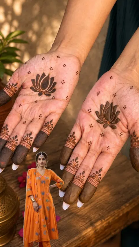 aesthetic minimal lotus front hand mehndi design