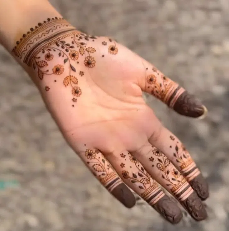 Aesthetic Minimal Front Hand Mehndi Design with Bel and Flowers